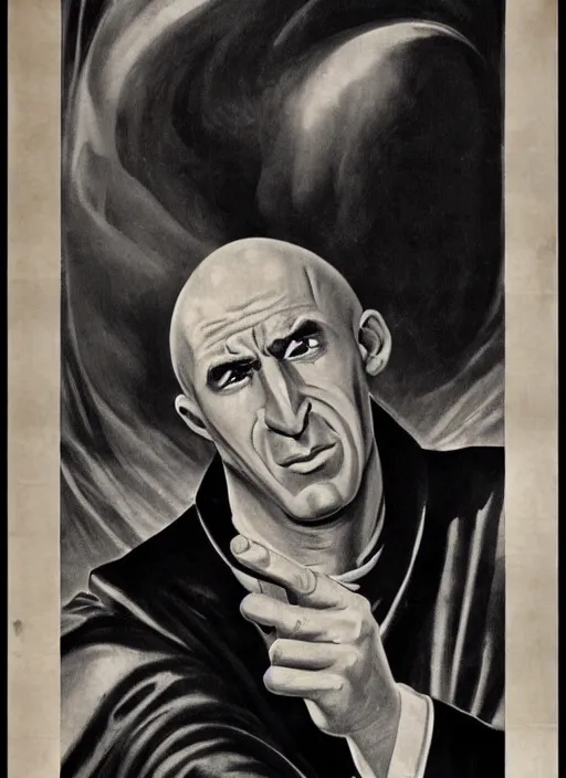 Image similar to portrait of glamorous bald medieval man with big nose and annoyed gesture,look of hate, threatening pose, 1940s propaganda poster, full hd,highly detailed