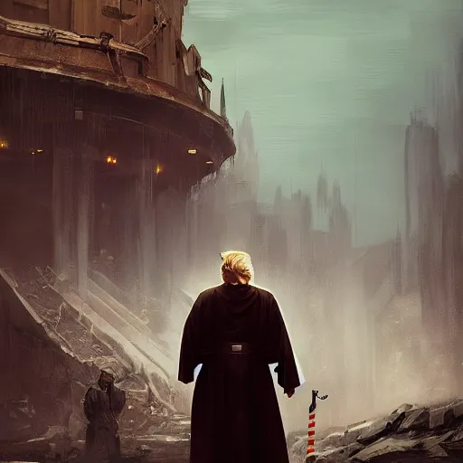 Image similar to Donald Trump as a jedi hero, capitol hill, post-apocalyptic, cinematic, atmospheric, highly detailed, artstation, wlop, stålenhag, Emanuel Leutze, Carl Wahlbom