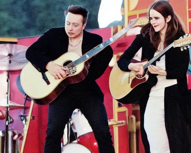 Prompt: elon musk & emma watson performing at woodstock