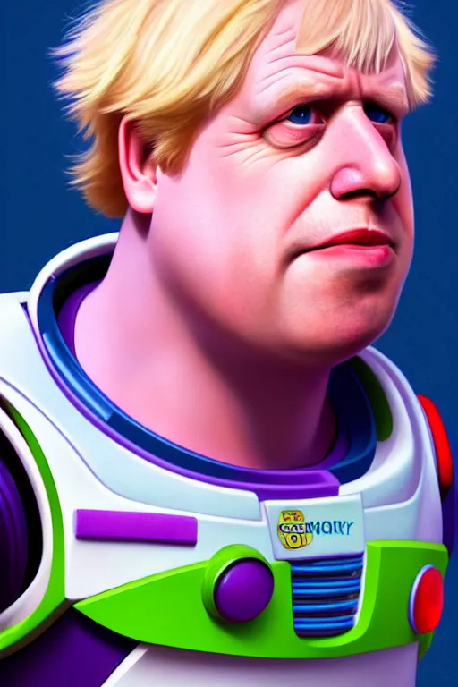 Image similar to Boris Johnson as Buzz Lightyear from Toy Story, realistic portrait, symmetrical, highly detailed, digital painting, artstation, concept art, smooth, sharp focus, illustration, cinematic lighting, art by artgerm and greg rutkowski and alphonse mucha