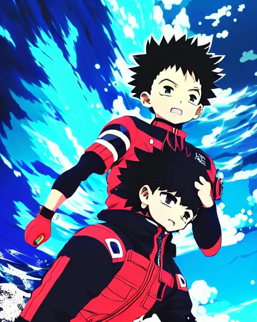 Image similar to ilya kuvshinov anime illustration of boku my hero academia underwater wearing yeezy streetwear, last exile, murata range, fine detail, perfect anime face, dramatic lighting, dynamic composition, art deco, cel shading, vivid, stippled lighting, rich texture, ( ( ( colorful ) ) )