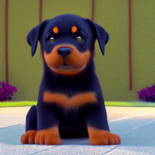 Image similar to cute rottweiler puppy, pixar, 8 k, octane render, still from pixar movie