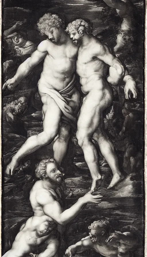 Prompt: two men in love seperated by a deity, on one side is light on the other is darkness, renaissance style