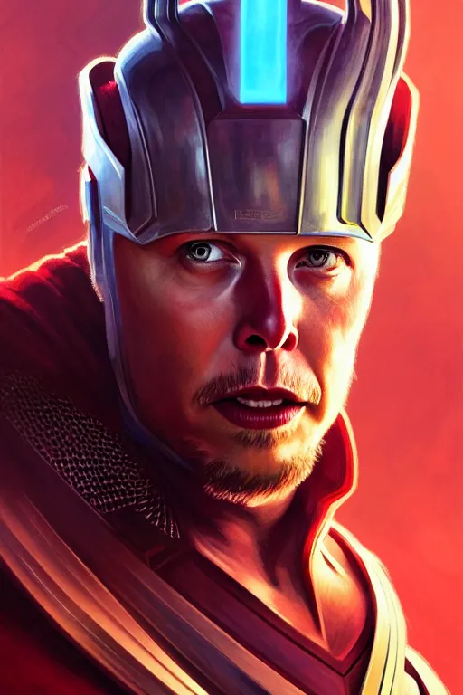 Image similar to elon musk as thor, realistic portrait, symmetrical, highly detailed, digital painting, artstation, concept art, smooth, sharp focus, illustration, cinematic lighting, art by artgerm and greg rutkowski and alphonse mucha