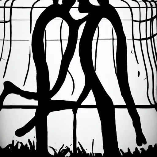 Image similar to photo of two shadowy figures hugging each other, they are in a birdcage, paint is falling off, black and white, 5 0 mm, dark