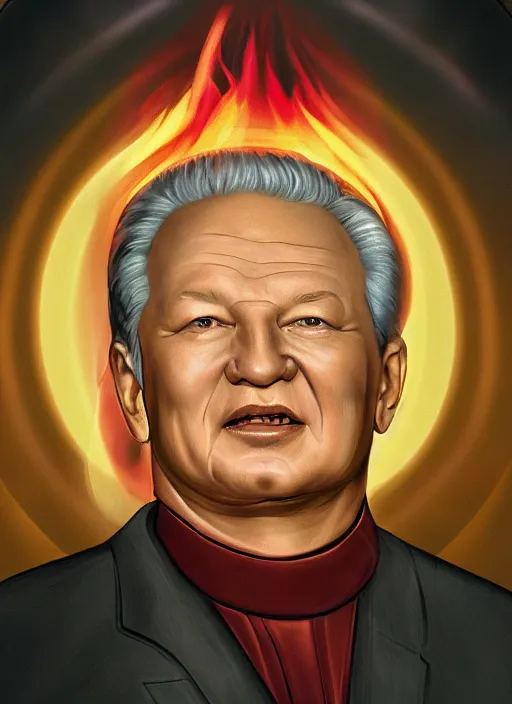 Image similar to president yeltsin in hell, infernal icon with a halo, color art in church style 8 k