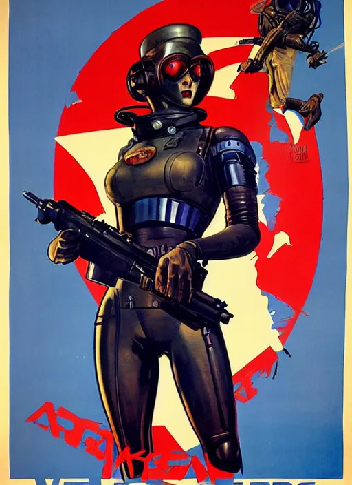 Prompt: american propaganda poster. cyberpunk assassin. portrait by jean giraud and anton otto fischer and john philip falter and will eisner and gil elvgren. realistic proportions. science fiction. tf 2, overwatch.