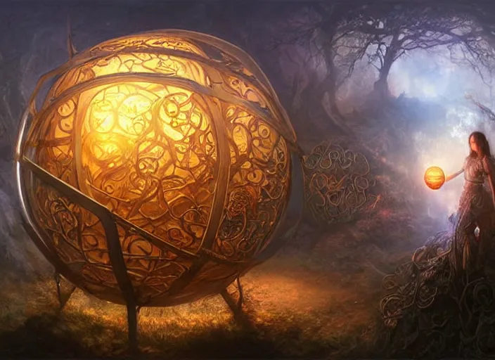 Prompt: large rustic intricately decorated wood gate, a view to an eerie fantasy world, glowing sphere, ethereal back light, mist, coherent composition, detailed fantasy painting by artgerm, noriyoshi ohrai, yuumei