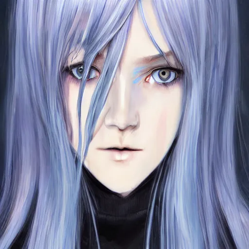 Prompt: full face shot of rimuru tempest, sky blue straight hair, long bangs, closed eyes, wearing a fancy black jacket, high collar, ultra detailed, brush strokes, digital painting, cinematic, wlop artstation, closeup, pixiv, eerie, scary, overpowering, evil, yoshitaka amano, andy warhol,