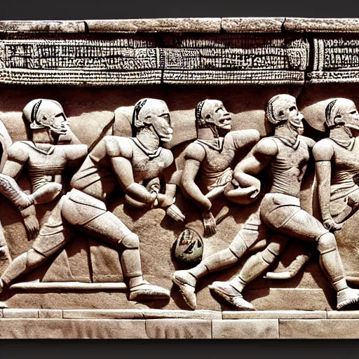 Prompt: angkor bas relief new england Patriots score a touchdown