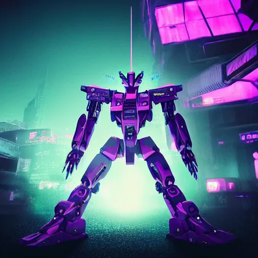 Image similar to Nostalgic Daguerreotype photo of Futuristic Kaiju Evangelion-Gundam Mecha Robot guarding futuristic cyberpunk Tokyo city, misty xparticles. blacklight neon glow. Hyperrealism