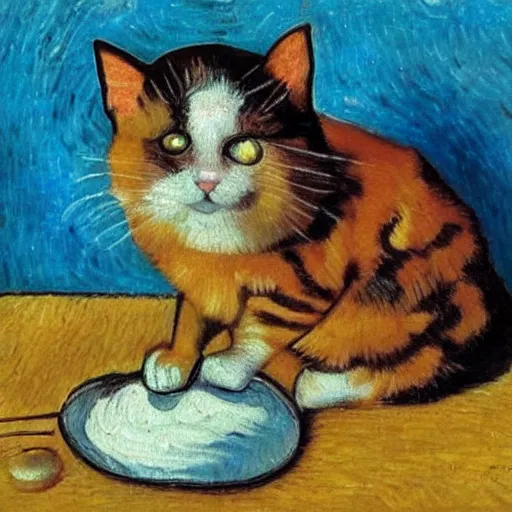 Image similar to an oil painting of a cat baking cookies in the style of van gogh, matisse, caravaggio and raphael