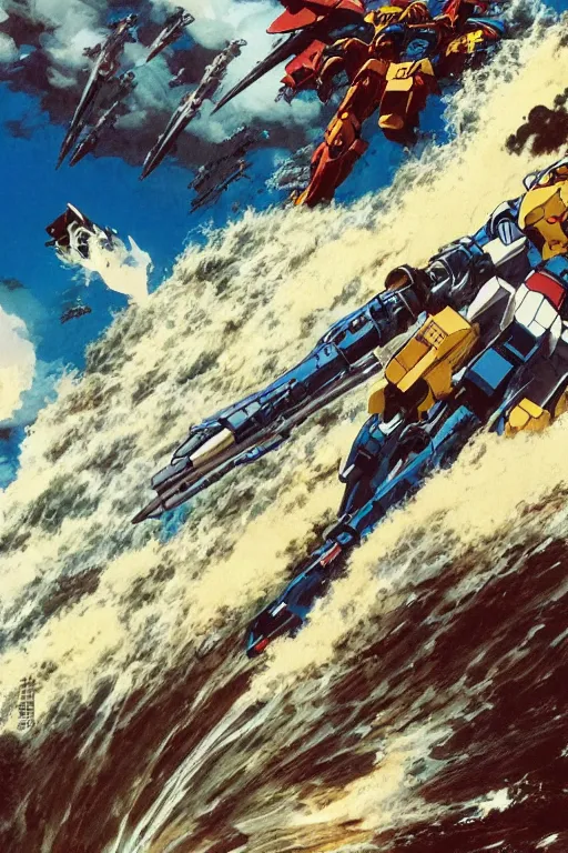 Prompt: full page illustration, gundam 0079 tube riding a huge wave, by Katsuhiro Otomo, Geof Darrow, Phil hale, Ashley wood, Ilya repin, frank frazetta, 8k, hd, high resolution print