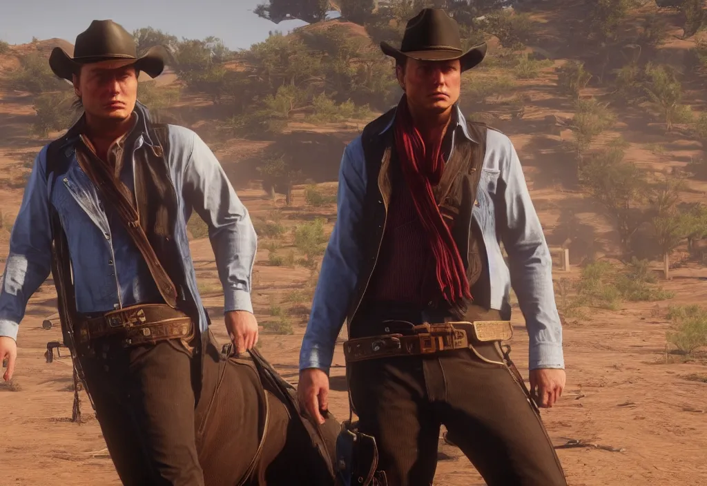 Image similar to elon musk in the red dead redemption 2, elon musk in the video game red dead redemption 2, gameplay screenshot, close up, 3 d rendering. unreal engine. amazing likeness. very detailed.