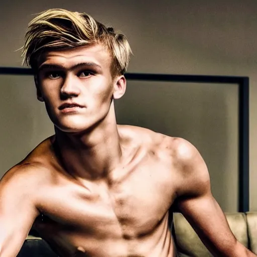 Image similar to a realistic detailed photo of a guy who is an attractive humanoid who is half robot and half humanoid, who is a male android, soccer player martin ødegaard, shiny skin, posing like a statue, blank stare, in a living room, on display, showing off his muscles