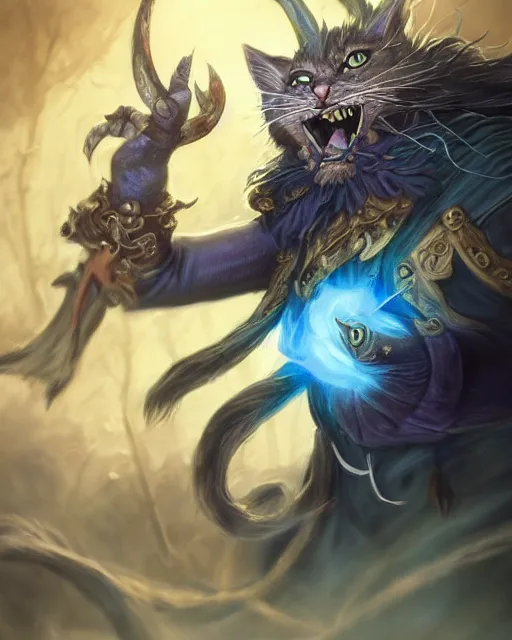 Image similar to Cat magus, Tzeentch, spell, dark fur, magic the gathering artwork, D&D, fantasy, cinematic lighting, centered, symmetrical, highly detailed, digital painting, artstation, concept art, smooth, sharp focus, illustration, volumetric lighting, epic Composition, 8k, art by Akihiko Yoshida and Greg Rutkowski and Craig Mullins, oil painting, cgsociety