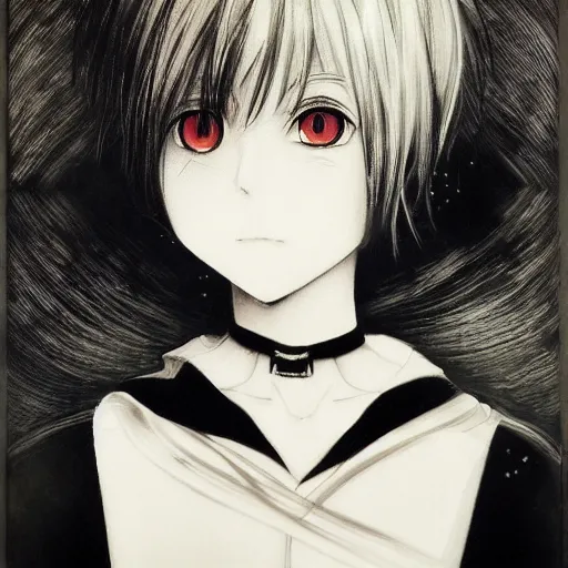 Prompt: Yoshitaka Amano realistic illustration of an anime girl with short white hair and black eyes wearing tuxedo, abstract black and white background, film grain effect, highly detailed, Renaissance oil painting