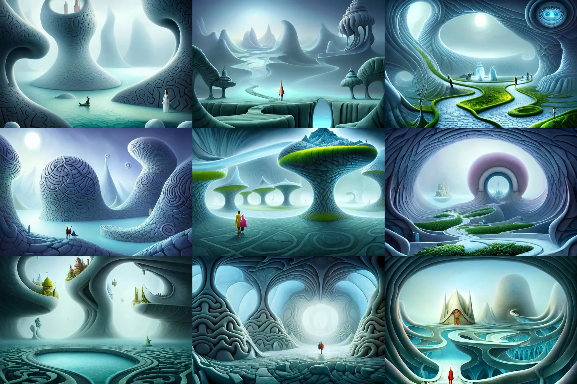 Prompt: a matte painting of an impossible path winding through arctic dream worlds with surreal architecture designed by heironymous bosch, structures inspired by heironymous bosch's garden of earthly delights, surreal ice interiors by cyril rolando and asher durand and natalie shau, insanely detailed, whimsical, intricate, beguiling