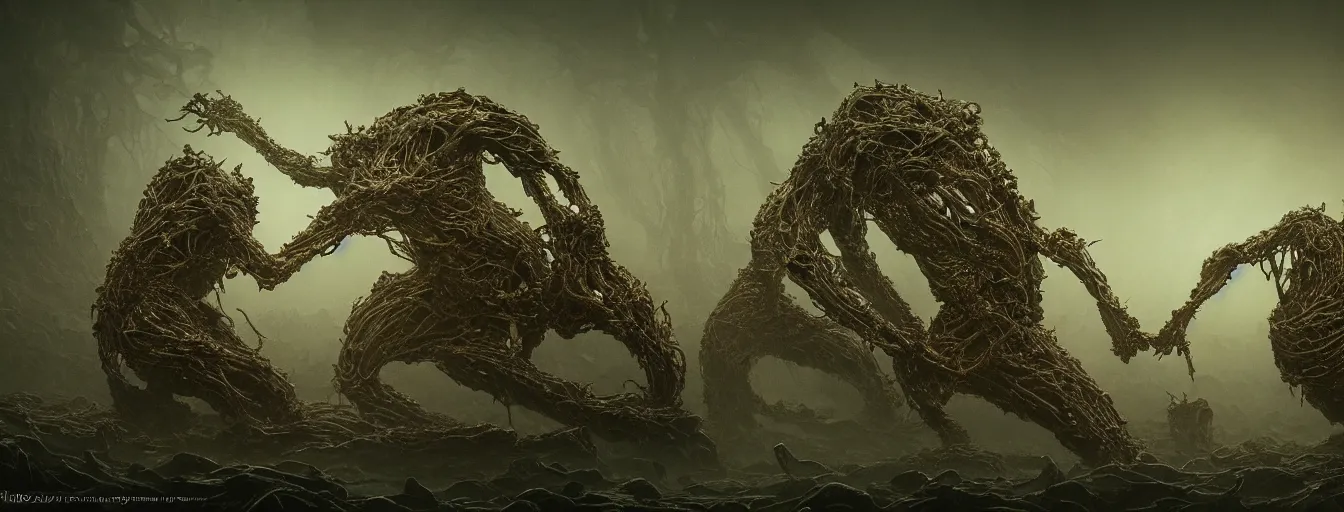 Image similar to hive mind entwined bodies, scorn themed dark sf biomechanical, intricate artwork masterpiece, ominous, dramatic horror cinematic lighting, volumetric 8 k, elden ring, by zdizslaw beksinski, karol bak, brian froud, trending on cgsociety, octane render, 8 k