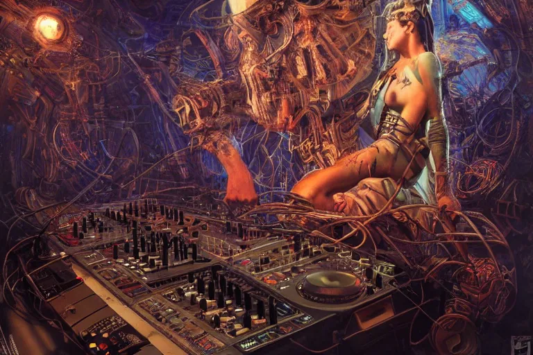 Image similar to a dynamic photo of a post apocalyptic tribal cyborg dj tweaking and playing synthesizers in the most complicated and technical spiral fractal musical studio, powerful, cinematic, beautifully lit, by donato giancola, by artgerm, by karol bak, 3 d, perfect face and body, trending on artstation, octane render, 8 k