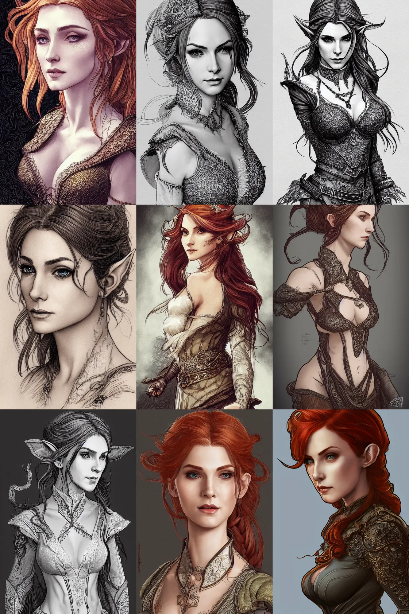 Prompt: alluring highly-detailed pen and ink illustration portrait of an attractive young elf woman (played by Triss from Witcher 3), clothed in a chesty fantasy outfit, intricate, elegant, highly detailed, digital painting, trending on Artstation, concept art, smooth, sharp focus, illustration, in the style of artgerm and greg rutkowski and alphonse mucha