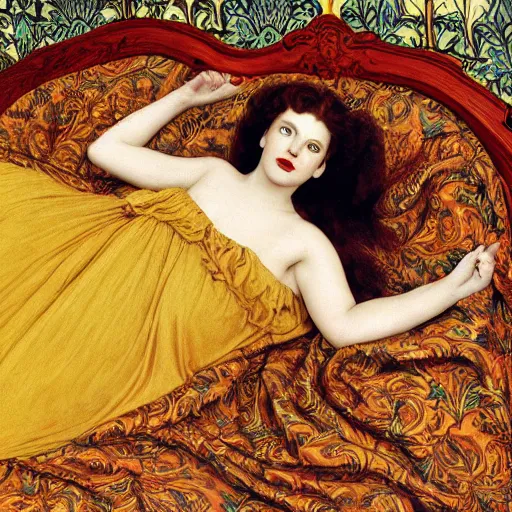 Image similar to preraphaelite photography reclining on bed, a hybrid of judy garland and lady gaga, aged 2 5, big brown fringe, yellow ochre ornate medieval dress, william morris, 4 k