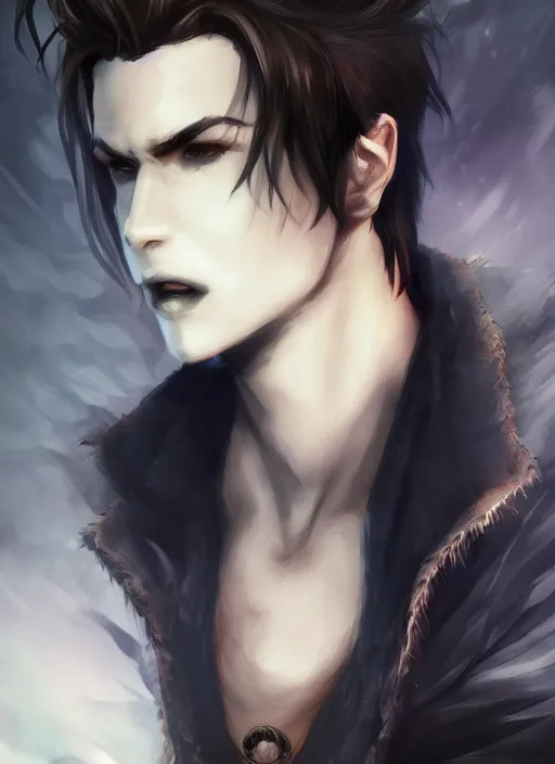 Image similar to detailed beautiful cool male character art depicting a vampire monster, concept art, depth of field, on amino, by sakimichan patreon, wlop, weibo, bcy. net, newgrounds high quality art on artstation.