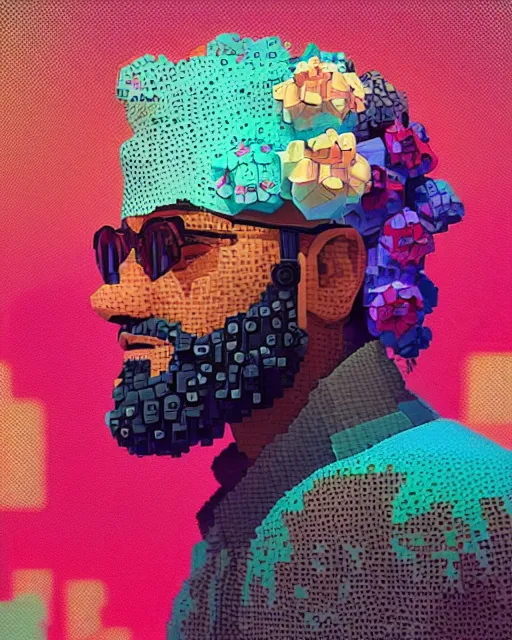 Prompt: a ultradetailed digital painting of a man with flowers in his beard, profile, cyberpunk art by beeple, behance contest winner, retrofuturism, voxel art, # pixelart, dystopian art