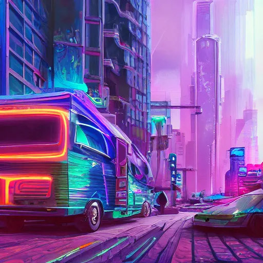 Prompt: beautiful digital painting of an RV in a cyberpunk city, hyperdetailed, vivid colors, trending on Artstation