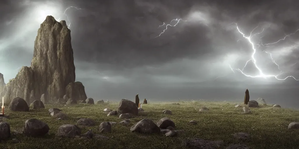 Image similar to Photorealistic strange dark monks perform a ritual. Magical symbols float above them. Epic landscape with magically floating rocks, with ominous storm clouds, strange levitating stones, stones falling from the sky, a gentle rising mist. occult photorealism, UHD, amazing depth, glowing, golden ratio, 3D octane cycle unreal engine 5, volumetric lighting, cinematic lighting, cgstation artstation concept art