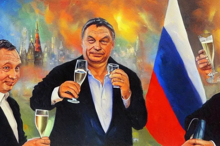 Prompt: viktor orban drinking champagne with putin in front a burning city, oil painting