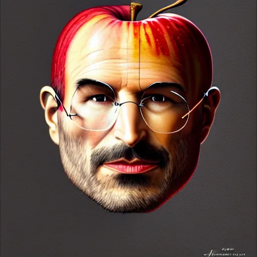 Image similar to apples arranged in the shape of a face resembling steve jobs, fantasy, intricate, elegant, highly detailed, lifelike, photorealistic, digital painting, artstation, illustration, smooth, sharp focus, art by giuseppe arcimboldo