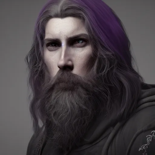 Image similar to a highly detailed portrait of a man without a beard, purple eyes, light gray long hair, wearing a black cloak, artstation, DeviantArt, professional, octane render