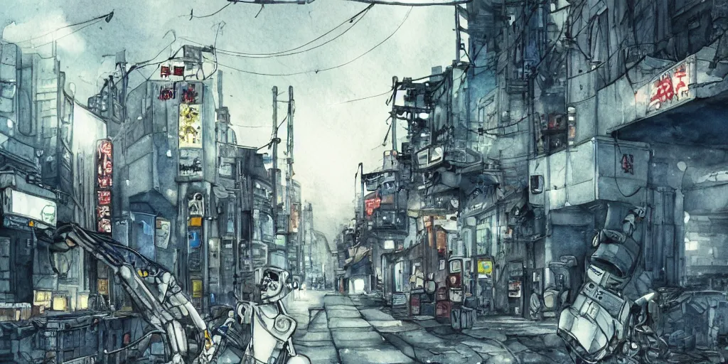 Image similar to watercolour painting of a broken robot repairing its own arm in a post apocalyptic city street, anime, pencil lines, light watercolour, pale sky, beautiful artwork, anime screenshot, akihabara