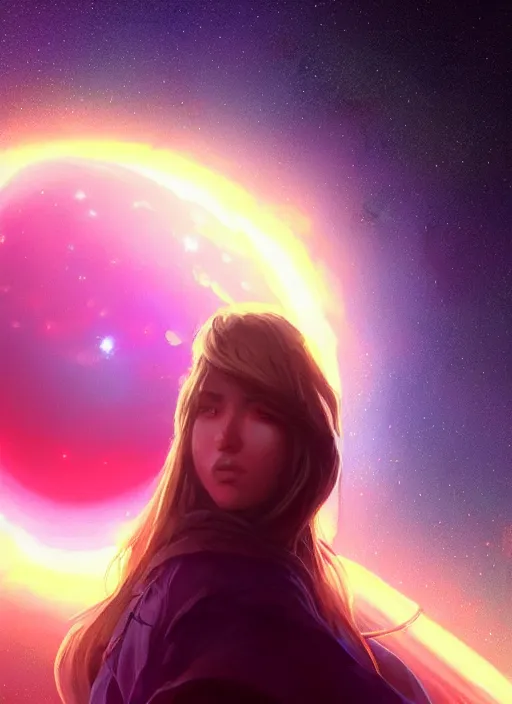 Prompt: epic portrait cinematic shot an yellow planet with a pink atmosphere orbiting around a blue star in space, glowing, stars, nebuale, atmospheric, fine details. night setting. realistic shaded lighting poster by craig mullism, artgerm, jeremy lipkin and michael garmash, unreal engine, radiant light, detailed and intricate environment, digital art, trending on art station,