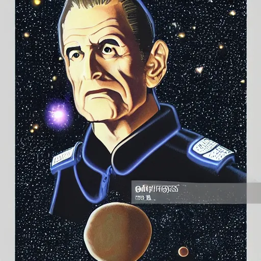 Image similar to constable odo on deep space nine staring out into the darkness of space at the many stars, with planet bajor and the bajoran wormhole in the distance