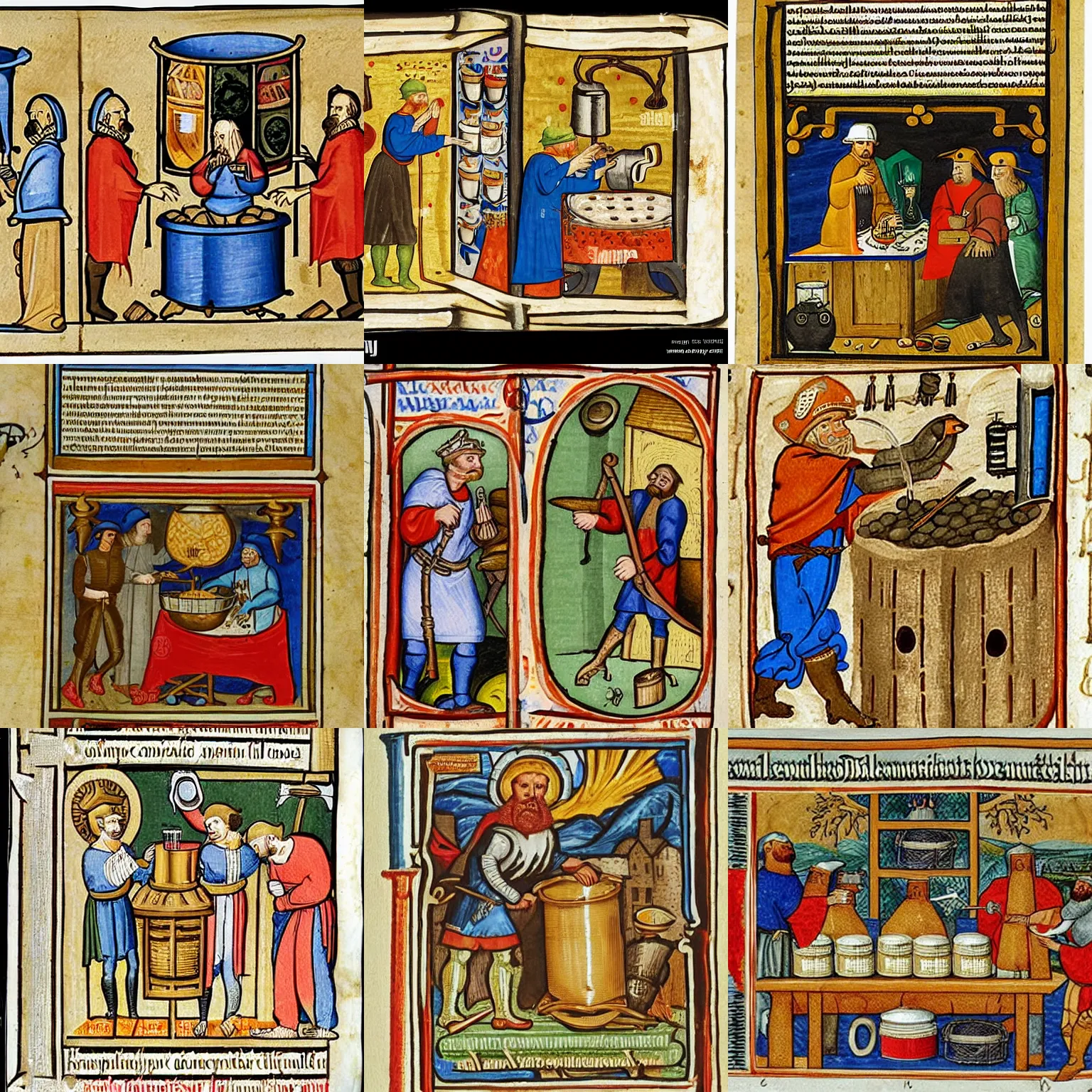 Prompt: man brewing beer in the middle ages, illuminated manuscript,