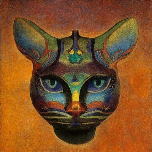 Image similar to masterpiece sculpture of a cloisonne cat head, by annie swynnerton and diego rivera and nicholas roerich and jean delville, symbolist, dramatic lighting, god rays, art brut, rich colors, smooth, sharp focus, extremely detailed, adolf wolfli and ( donato giancola and bilibin )