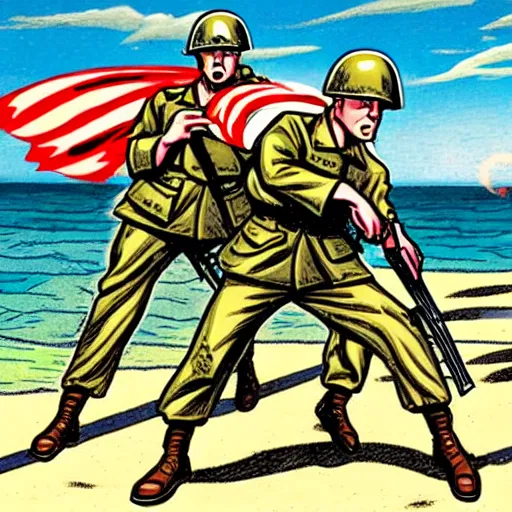 Image similar to a comic book art rendition of world war ii soldiers fighting on a beach