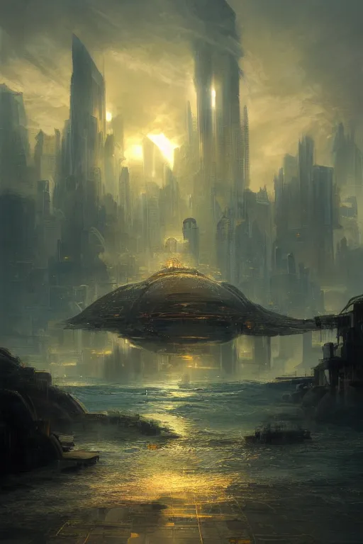 Image similar to magnificent view of the city of atlantis rising on the sea, intricate, elegant, volumetric lighting, digital painting, highly detailed, artstation, sharp focus, illustration, concept art, ruan jia, steve mccurry