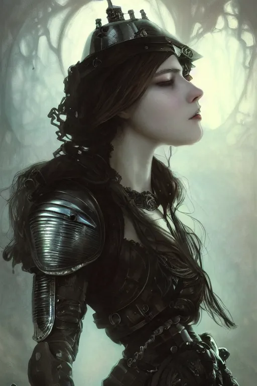 Image similar to beautiful and gothic and evil and dieselpunk young medieval female knight portrait +smoky eyes+front face with light flowing hair, ultradetail face, art and illustration by tian zi and craig mullins and WLOP and alphonse mucha, fantasy, intricate complexity, human structure, human anatomy, fantasy character concept, watermark, blurry, hyperrealism 8k