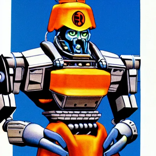 Prompt: a 1 9 8 0 s advertisement from a convention center displaying a monk in a mecha full body suit, highly detailed, sharp focus, hq, post grunge, subtle colors.