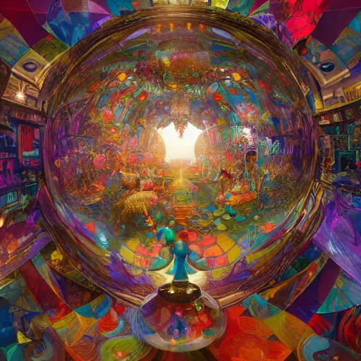 Prompt: inside a sphere with colorful walls made of segmented crystals, interconnected, 360 degrees view, hyper realistic, octane render, colorful, vibrant, cinematic, amazing details, by james jean, brian froud, ross tran, alphonse mucha