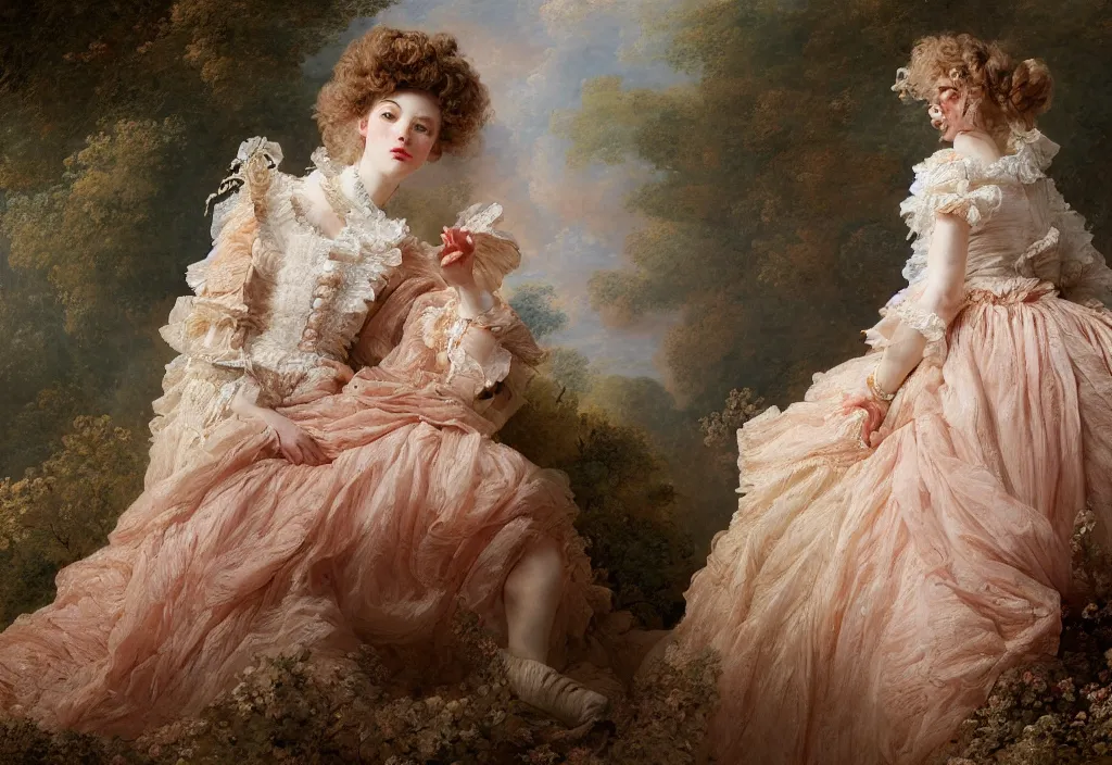 Image similar to fashion editorial portrait by Jean-Honoré Fragonard. outdoor. highly detailed. 8k. depth of field. photography