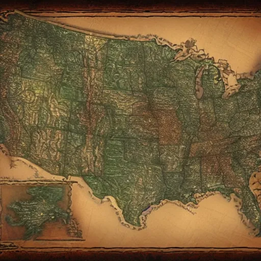 Prompt: A fantasy style map of the USA