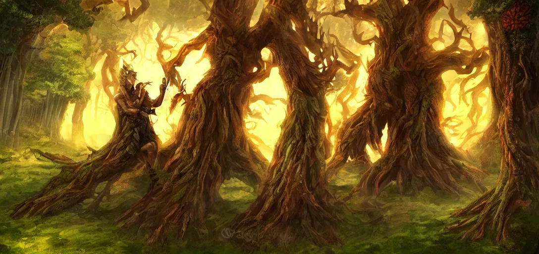 Prompt: An epic battle between a fire mage and a giant ent, digital art