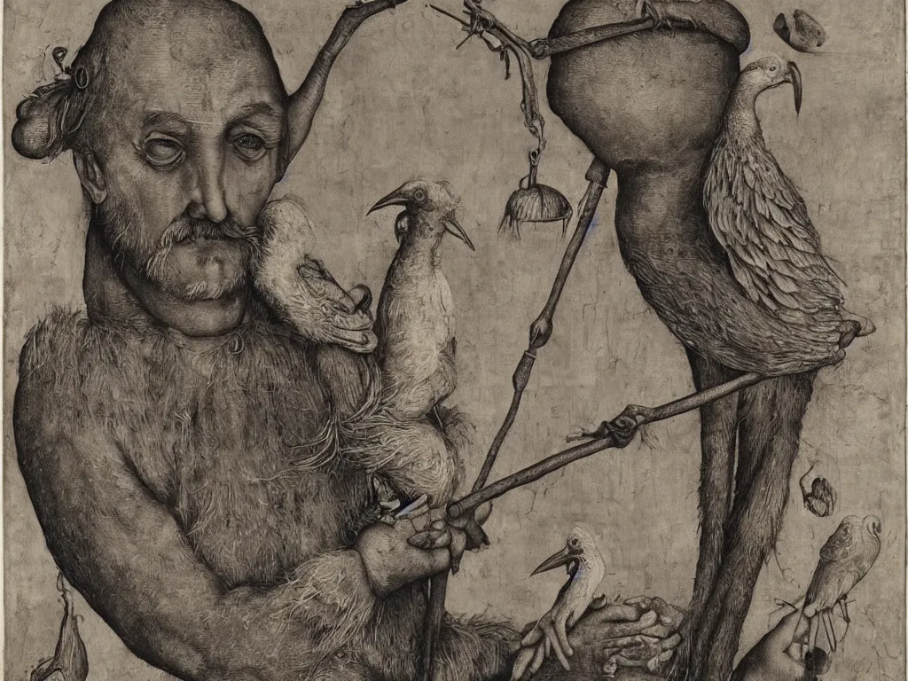 Prompt: Old man with crane bird. Portrait by Lucas Cranach, Roger Ballen