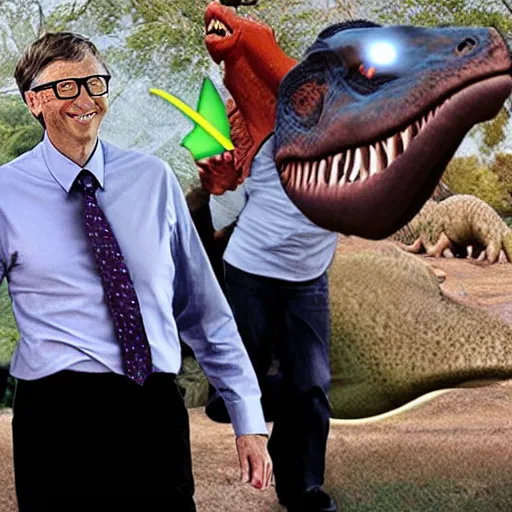 Image similar to bill gates riding a dinosaur while shooting lasers from his eyes