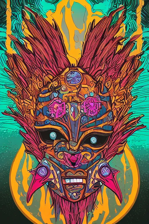 Image similar to animal mask totem roots flower tribal feather gemstone plant wood rock shaman vodoo video game vector cutout illustration vivid multicolor borderlands comics by josan gonzales and dan mumford radiating a glowing aura