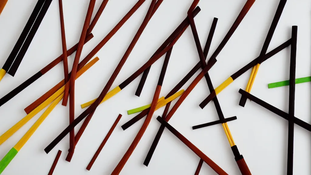 Prompt: a variety of handmade wooden chopsticks, avantgarde design, a collage painting, in the style of wes anderson, lola dupre, david hockney, isolated on negative white space background dark monochrome neon spraypaint accents volumetric octane render